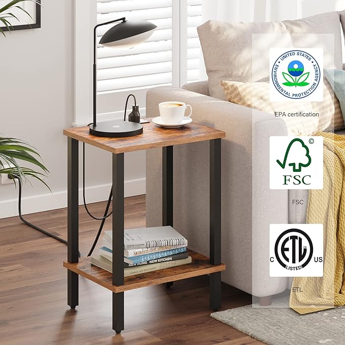 TUTOTAK End Table with Charging Station, Side Table with USB Ports and Outlets, Nightstand, 2-Tier Storage Shelf, Sofa Table for Small Space, 1 Package（2PCS） TB01BB041-Ruum Studio Home