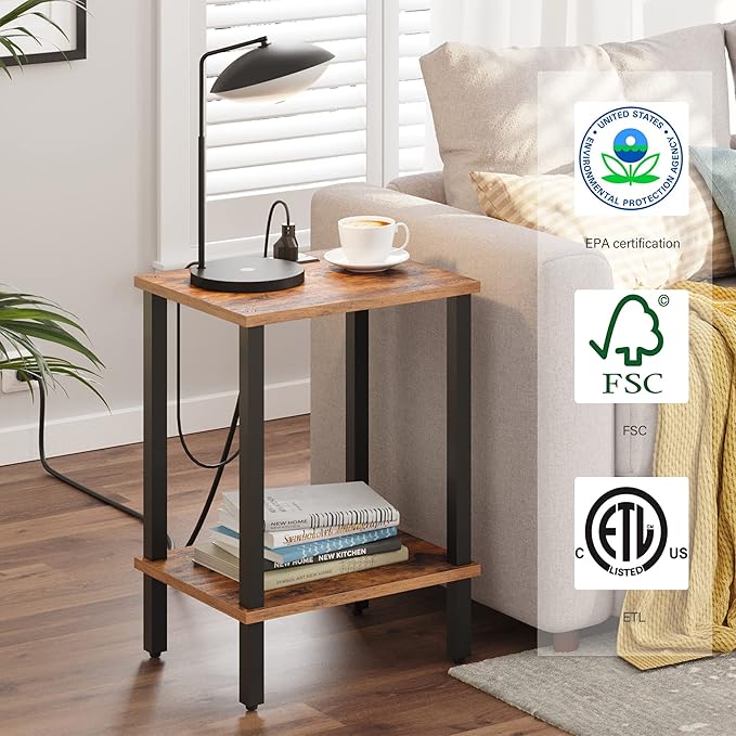 TUTOTAK End Table with Charging Station, Side Table with USB Ports and Outlets, Nightstand, 2-Tier Storage Shelf, Sofa Table for Small Space TB01BB040-Ruum Studio Home