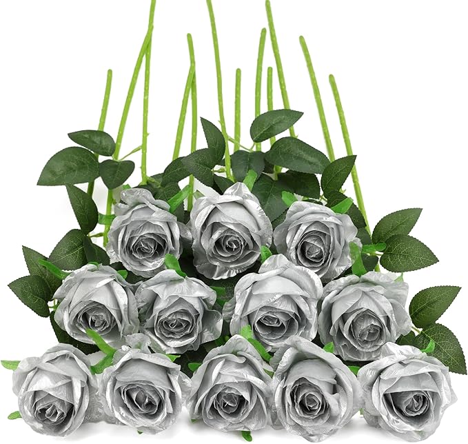 Silver Fake Roses Artificial Flowers - 10 Pcs Fake Artificial Roses Silk Flowers with Stems for Home Wedding Hotel Office Centerpiece Decor-Ruum Studio Home
