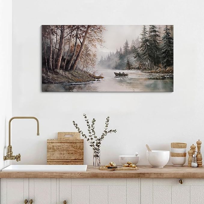 HGUAOA Mountain Canvas Wall Art Rustic Lake Landscape - Nature & Forest Scenery Paintings Pictures for Living Room & Bedroom Wall Decor Vintage Artwork for Walls-Ruum Studio Home