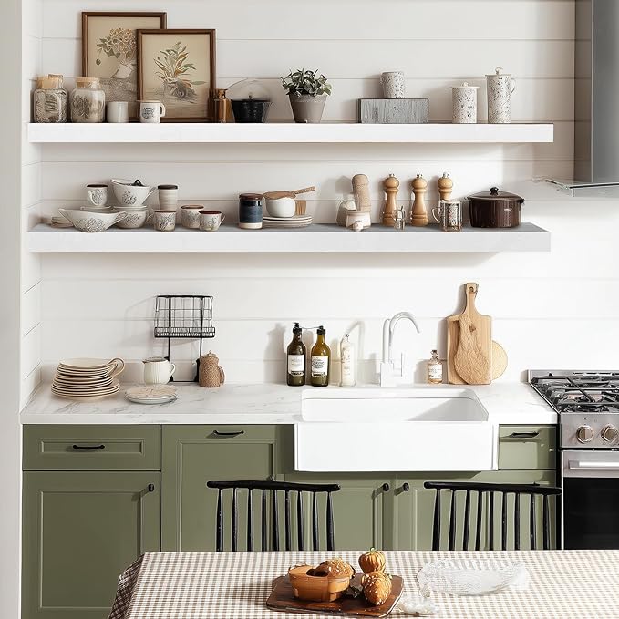 36"x6.8"x1.2" Solid Wood Floating Shelves 2-Pack - Rustic White Finish with Hidden Brackets, Perfect for Storage and Décor in Living Room, Kitchen, Bedroom-Ruum Studio Home