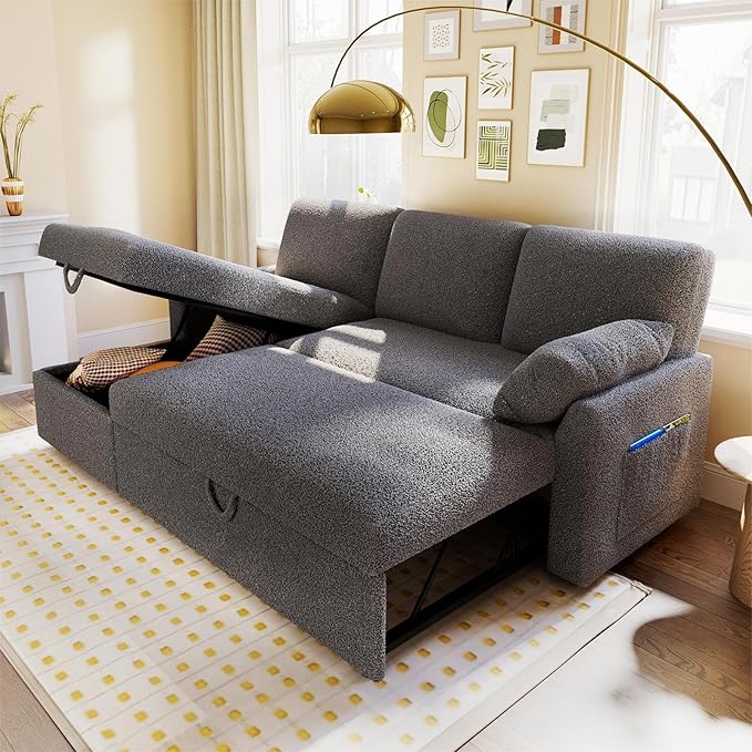 VanAcc Sofa Bed, Sleeper Sofa with Storage Chaise- 2 in 1 Pull Out Couch Living Room, Comfy Sleeper Couch, Grey Boucle-Ruum Studio Home