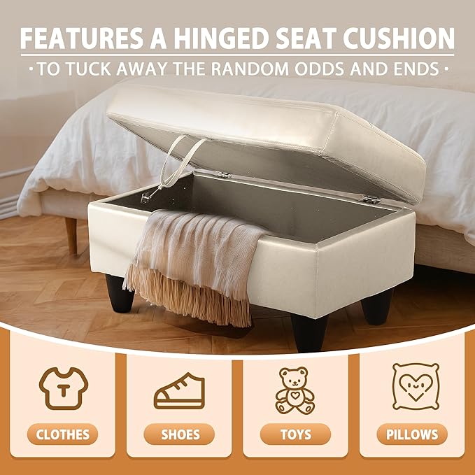 Ottoman Rectangular Storage Ottoman Bench, Faux Leather Footrest, Coffee Table, Stool Footstool with Hinged Lid for Living Room, Bedroom, Entryway, Champagne, 35"x23.5"x17.5"-Ruum Studio Home