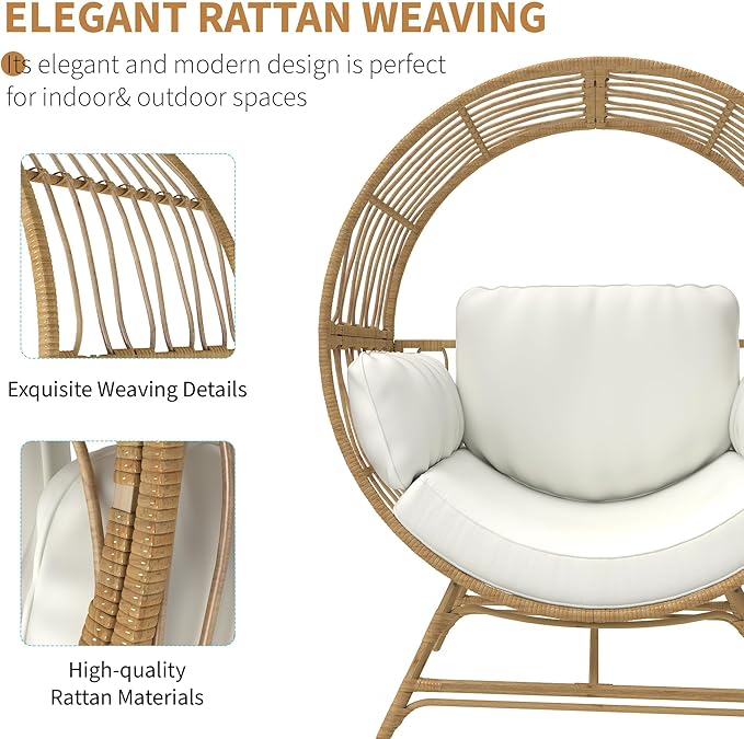 Egg Chair Outdoor Indoor, Oversized Rattan Chair with Thicken Cushion, 350LBS Capacity Wicker Patio Lounge Chair, Basket Chair for Living Room Balcony Porch Backyard, Beige-Ruum Studio Home