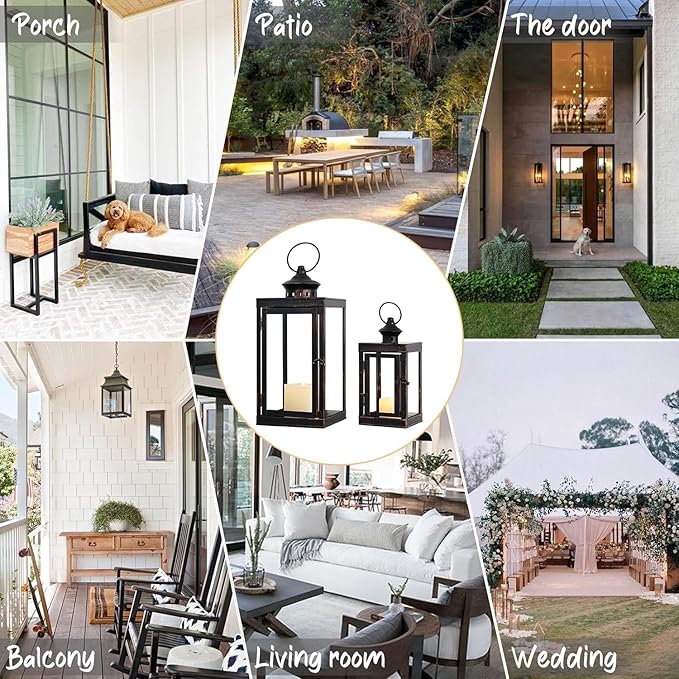 DECORKEY Large Lantern Decorative Outdoor & Indoor, Set of 2 (14’’&10’’) Metal Candle Lanterns Decor, Vintage Hanging Candle Holder for Front Porch Patio Wedding Farmhouse Home, Spring Decoration-Ruum Studio Home