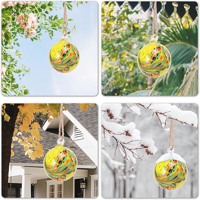 VCUTEKA Hanging Garden Gazing Ball, Hand-Blown Glass Witch Ball for Outdoor Garden Décor, 6" Yellow Swirl-Ruum Studio Home