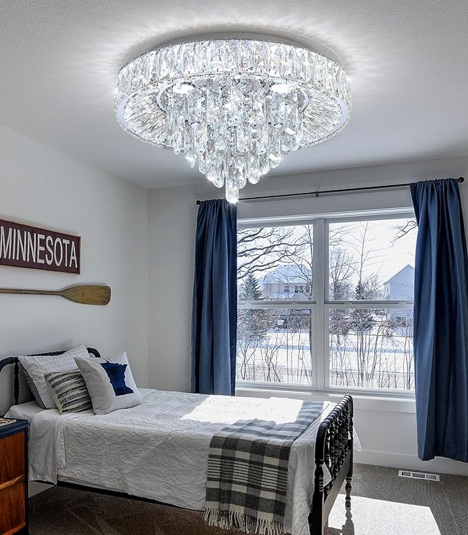 Modern Crystal Chandeliers for Dining Room LED Light Fixture Close to Ceiling Chandelier Flush Mount Ceiling Light Dimmable Lamp with Remote for Living Room Bedroom Hallway 2700K 6000K-Ruum Studio Home
