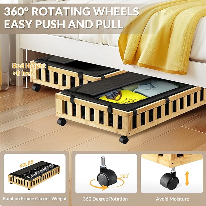 2 Pack Bamboo Under Bed Storage with Wheels, 39”x20”x7.8” Lager Under Bed Storage Containers (Natural)-Ruum Studio Home