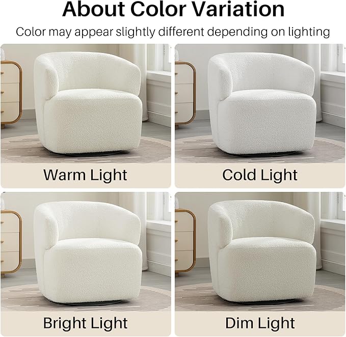 Swivel Accent Chair, Sherpa Teddy Barrel Chair for Living Room, Cozy Round Boucle Arm Chair, Metal Base for Club Nursery Bedroom, White-Ruum Studio Home