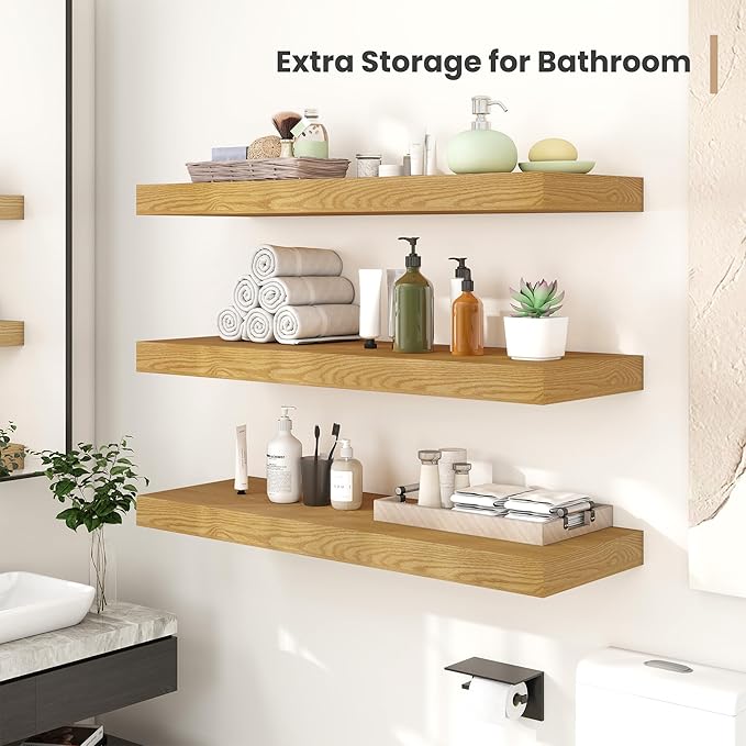 Heimlove 12" Deep Floating Shelves, 36 x 12 Inch Wall Mounted Long Floating Shelf with Invisible Brackets, for Home Decor, Bedroom, Kitchen, Living Room, Bathroom - 2 Pack, Oak-Ruum Studio Home