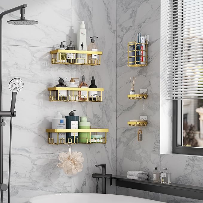 Veken Adhesive Shower Caddy 6-Pack,Gifts for Women Mom,Heavy Weight Bearing,Large Wall Mounted Bathroom Shelves Rack,Organizer Storage Accessories with Soap Dish&Toothbrush Holder,Bright Gold-Ruum Studio Home