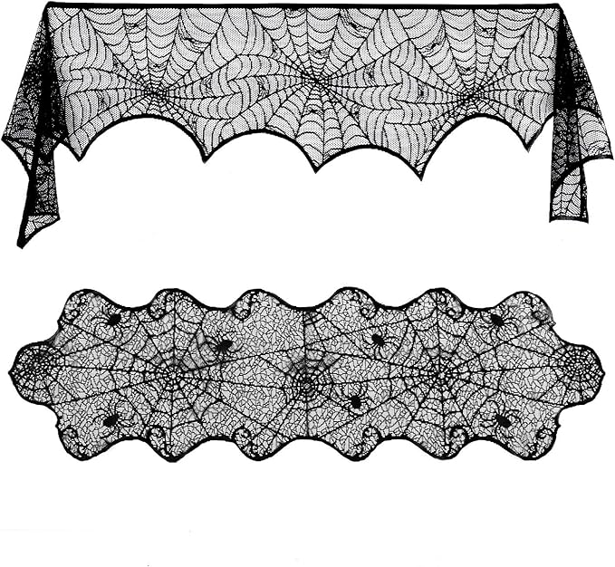 Lulu Home Halloween Fireplace Decorations, Fireplace Mantle Scarf Cover and Table Cloth, Black Lace Spider Web for Table, Door, Window and Fireplace Decoration, Halloween Decoration-Ruum Studio Home