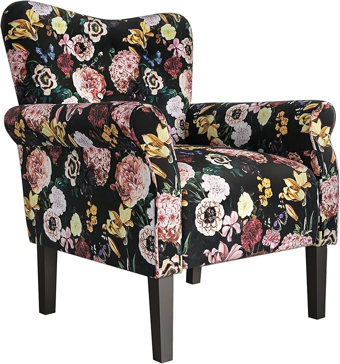 BELLEZE Modern Accent Chair for Living Room, High Back Linen Armchair with Wooden Legs, Upholstered Wingback Side Chair Padded Armrest Single Sofa for Living Room, Bedroom - Allston (Black & Flower)-Ruum Studio Home