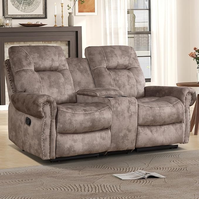 EBELLO Manual Recliner Loveseat Sofa, 2 Seater Reclining Couch Chair with Center Console, Hidden Storage and Cup Holders, Vintage Rivet Mid-Century Design for Living Room, Meeting Room, Brown-Ruum Studio Home
