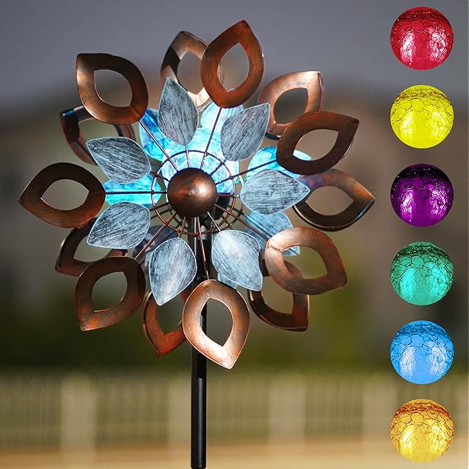 Copper Wind Spinners Outdoor 74 Inches with Solar LED Light, Kinetic Dual Wind Sculptures & Spinners for Yard Lawn Garden Decor, Large Metal Clearance Windmill with Bronze Leaf-Ruum Studio Home