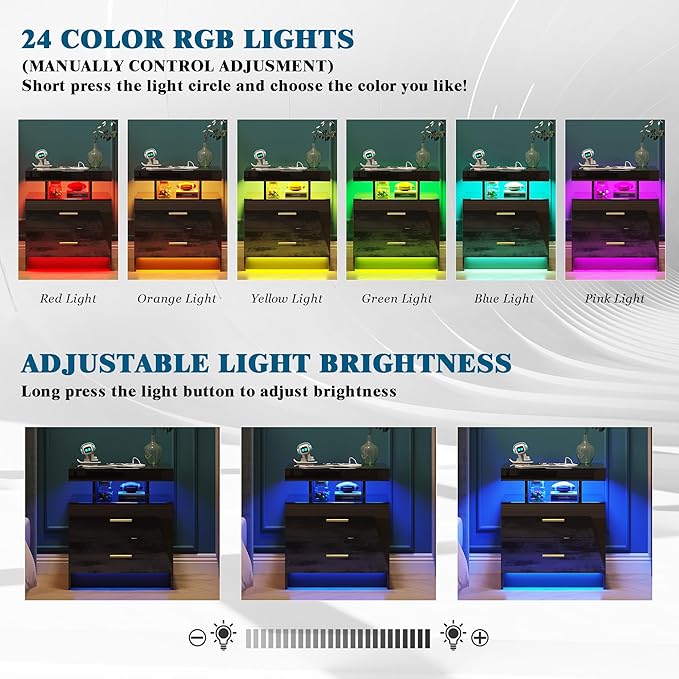 Night Stand with Light, High Gloss Nightstand with USB/Wireless Charging Station, LED Black Nightstands with Storage Drawers, RGB Side End Table for Bedroom Furniture（Black）-Ruum Studio Home