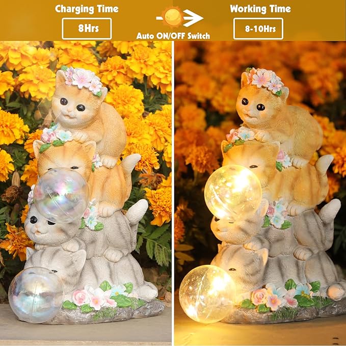 Solar Cat Garden Statue Resin Cat Statue Decor Outdoor with LED Lights for Outside Yard Art Lawn Ornaments Patio, Cat Lovers Gifts-Ruum Studio Home