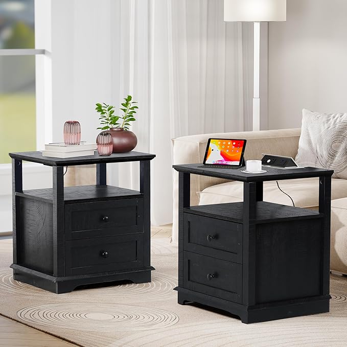 HIFYOBRO Large End Table Set of 2, 2 Drawers and Charging Station, Type-C & USB Port & Power outlets, Wooden End Table, Side Table with Storage for Living Room and Bedroom (Espresso)-Ruum Studio Home