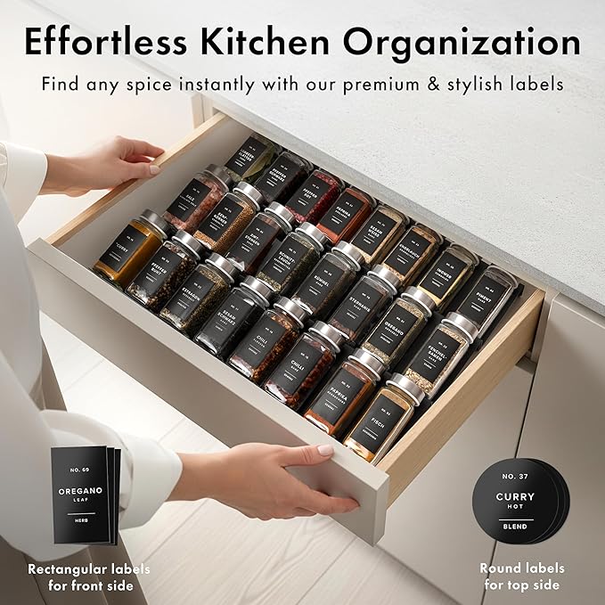 Glass Spice Jars with Labels and Steel Lids (24 x 4oz) Spice Containers with 240 Label, Steel Funnel, Shaker Inserts, Empty Square Seasoning Organizer for Spice Rack, Cabinet, Drawer-Ruum Studio Home
