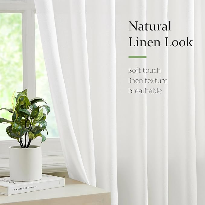 FMFUNCTEX Pinch Pleated Curtains 84 Inches Long for Living Room, White Semi Sheer Faux Linen Textured Pleat Drapes for Bedroom with Hooks, Light Filtering Neutral Farmhouse Window Drapes 2 Panels-Ruum Studio Home