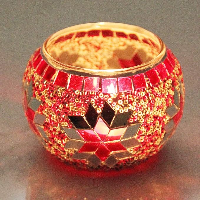 SHMILMH Votive Candle Holder Set of 4, Diwali Decoration for Home, Handmade Mosaic Glass Tealight Candle Holders for Table Centerpiece Decor,Diwali Thanksgiving-Ruum Studio Home