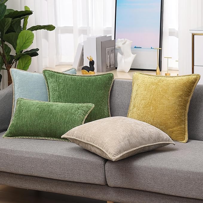 decorUhome Fall Chenille Soft Throw Pillow Covers 26x26 Set of 2, Farmhouse Velvet Neutral Decorative Euro Pillow Covers with Stitched Edge for Couch Sofa Bed Home Decor, Forest Elf-Ruum Studio Home