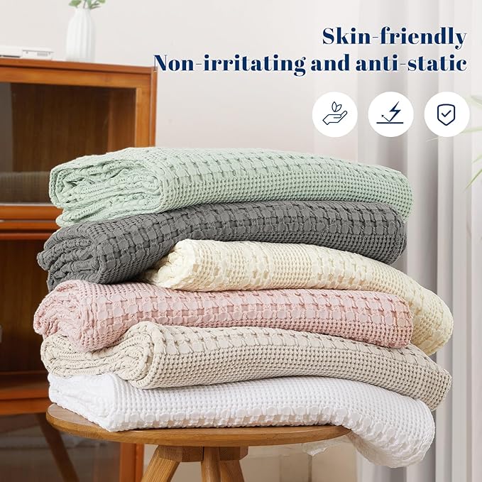 PHF 100% Cotton Waffle Weave Blanket Twin Size, Soft Lightweight Breathable Cozy Summer Blankets for Bed, Luxury Aesthetic Woven Bedding for Home Decor, 66"x90", White-Ruum Studio Home