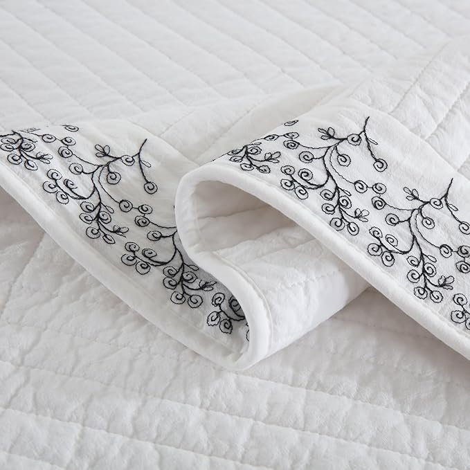 MarCielo 3-Piece 100% Cotton White Striped Quilt Set with Botanical Edge Embroidery TC(Sakura White,Queen (98" X 90"))-Ruum Studio Home