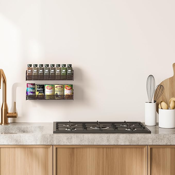 Deco Brothers Wall Mounted Single Tier Mesh Hanging Spice Rack, Set of 2, Bronze-Ruum Studio Home