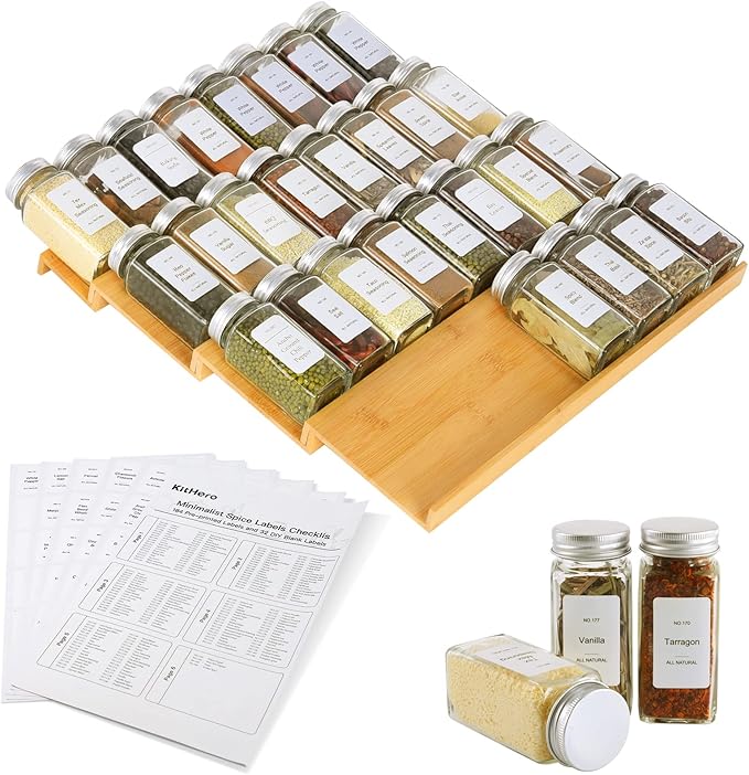 Spice Drawer Organizer with 28 Spice Jars,216 Labels,25 Non-slip Rubber, Bamboo 4 Tier Seasoning Rack Tray Insert for Kitchen Drawers,Cabinets,Countertop,14.6" Wide x 15.8" Deep-Ruum Studio Home