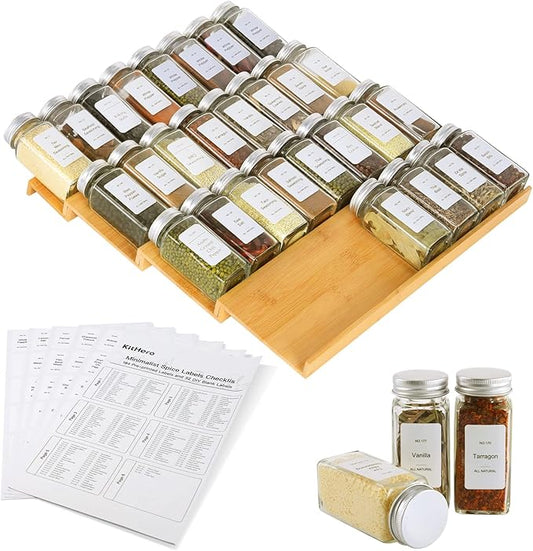 Spice Drawer Organizer with 28 Spice Jars,216 Labels,25 Non-slip Rubber, Bamboo 4 Tier Seasoning Rack Tray Insert for Kitchen Drawers,Cabinets,Countertop,14.6" Wide x 15.8" Deep-Ruum Studio Home