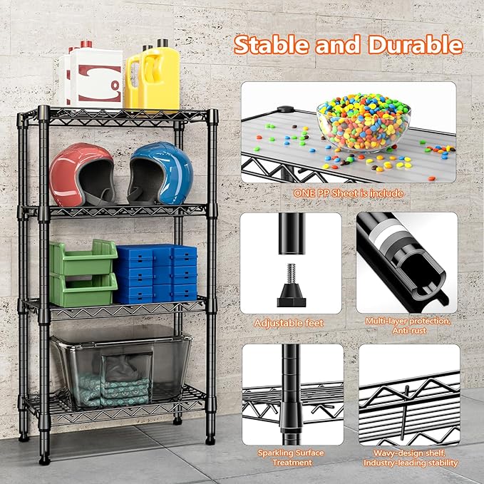 1000 lbs 4 Tier Shelf Metal Storage Shelves Wire Rack Closet Organizers with PP Board for Garage Kitchen Bathroom Laundry Black 11.8" D x 21.7" W x 39.5" H-Ruum Studio Home