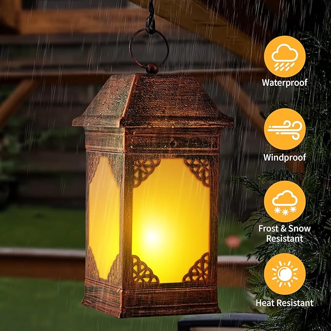 14" Solar Lanterns Outdoor Waterproof, Glass Flickering Flame Solar Lantern, Hanging Metal Lantern Decorative for Patio Front Porch Garden Backyard Tabletop Party Decoration-Ruum Studio Home