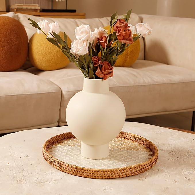 Round Rattan Tray with Mother of Pearl Inlay & Wooden Base - Decorative Wicker Serving Tray for Coffee/Bread/Fruits, Food Storage & Display - Multipurpose Home Decor (L,Fish Scales)-Ruum Studio Home