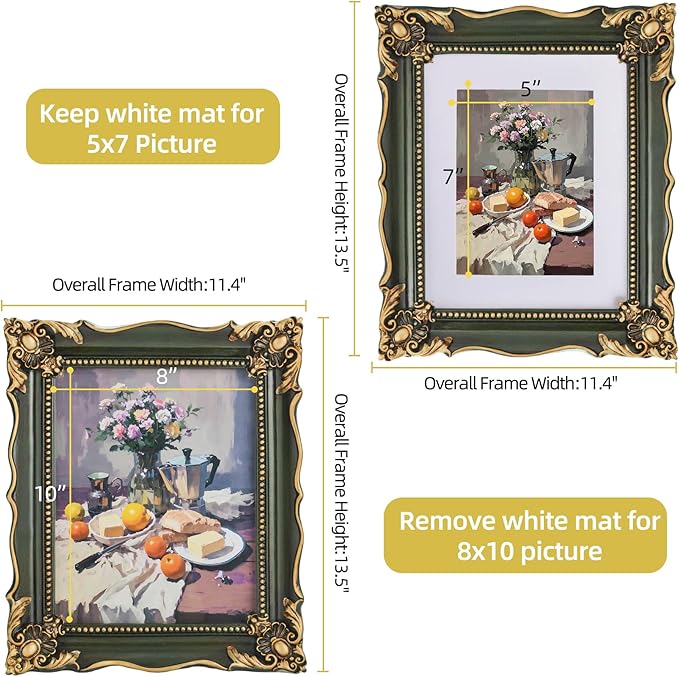 8x10 Vintage Picture Frame with Embossed Flower Design, Green Ornate Frame for 8x10 or 5x7 Pictures with White Mat, Hand-Crafted Resin Antique Frames for Tabletop & Wall Hanging, Home Decor (Green )-Ruum Studio Home