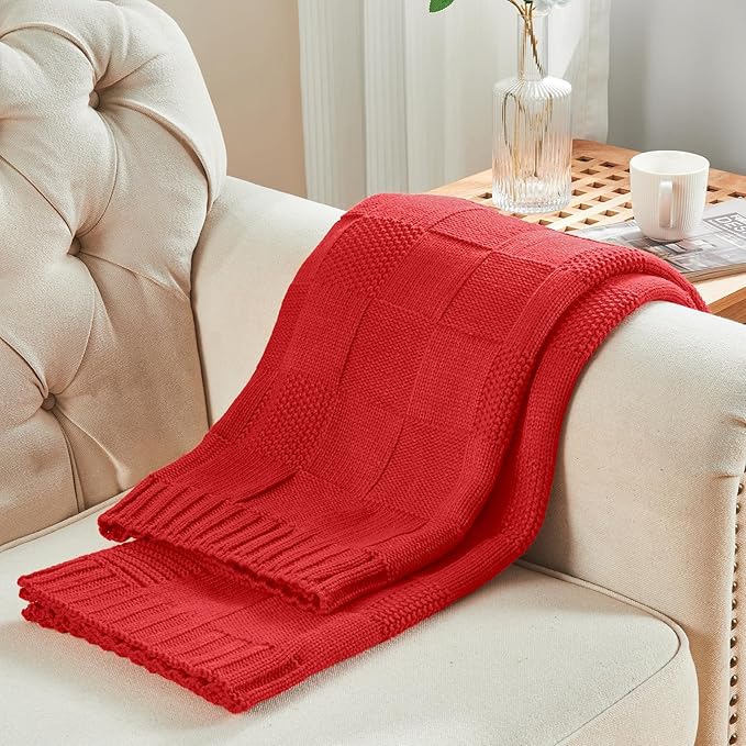 CozeCube Knit Throw Blanket,Christmas Red Checkered Bedroom Blanket for Couch,Soft Cozy Warm Knitted Blanket for Bed Sofa Living Room,Decorative Spring Fall Throw Blanket 60"X80",Christmas Red-Ruum Studio Home