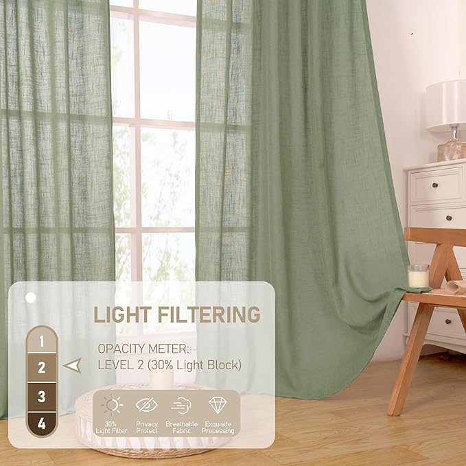 LAMIT Sheer Linen Curtains 63 inches Long for Bedroom, Bronze Grommet Linen Drapes Light Filtering Semi Sheer Curtains for Small Window/Farmhouse, 2 Panels (52 x 63 Inch, Sage Green)-Ruum Studio Home