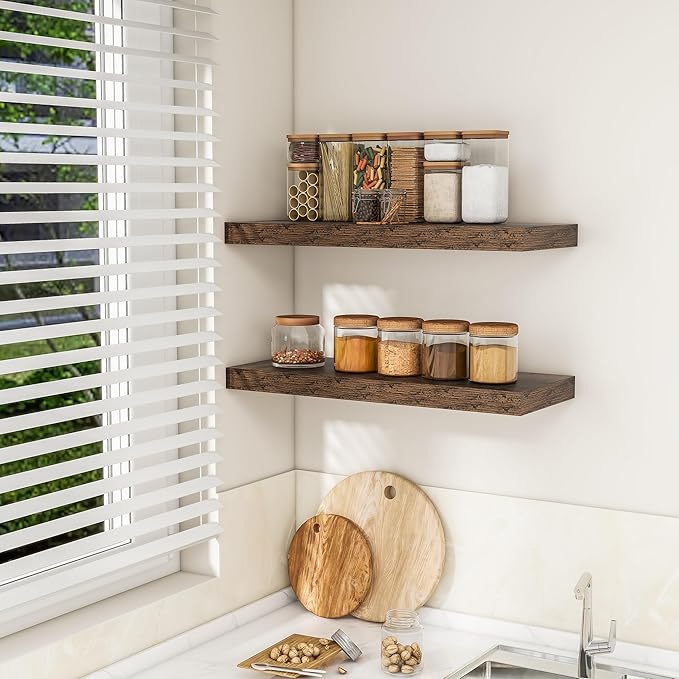 RICHFOCUS 31.5Inch Floating Shelves for Wall 2 Pack Shelves for Bedroom|Kitchen|Bathroom Wall Mounted Rustic Wood Floating Shelf with Invisible Brackets for Books|Storage|Decor, Rustic Brown-Ruum Studio Home