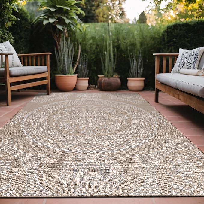 Medallion Outdoor Rug 9x12 Washable Outside Carpet for Indoor Patio Porch Waterproof Easy Cleaning Non Shedding Area Rugs Beige 9 x 12-Ruum Studio Home