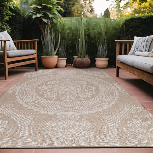 Medallion Outdoor Rug 8x10 Washable Outside Carpet for Indoor Patio Porch Waterproof Easy Cleaning Non Shedding Area Rugs Beige 8 x 10-Ruum Studio Home