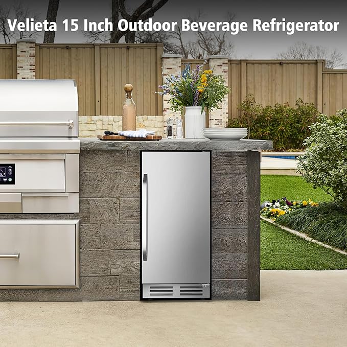 15 Inch Outdoor Beverage Refrigerator Cooler,Stainless Steel 127 Cans Beverage Fridge with French Door Under Counter Built-in or Freestanding, Perfect for Beer, Cola-Ruum Studio Home