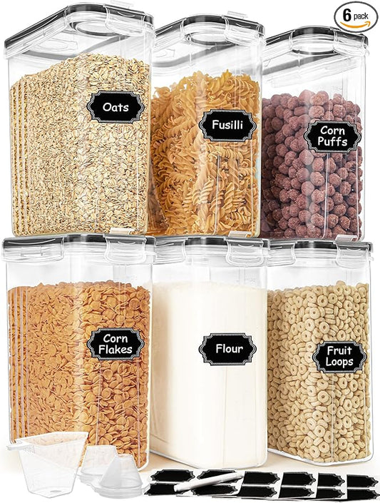 Cereal Containers Storage Set (4L / 135.2oz), 6PCS Airtight Food Storage Containers with Lids, Cereal Dispensers for kitchen Pantry Organizers and Storage with Pour Spout, 20 Labels, Marker-Ruum Studio Home