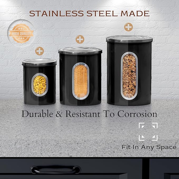 Moss & Stone 3-Piece Black Canisters Sets For The Kitchen, Airtight Canister Set With See Through Window, Storage Jars for Coffee Container, Tea Organizer & Sugar Canister, Black Kitchen Canisters-Ruum Studio Home