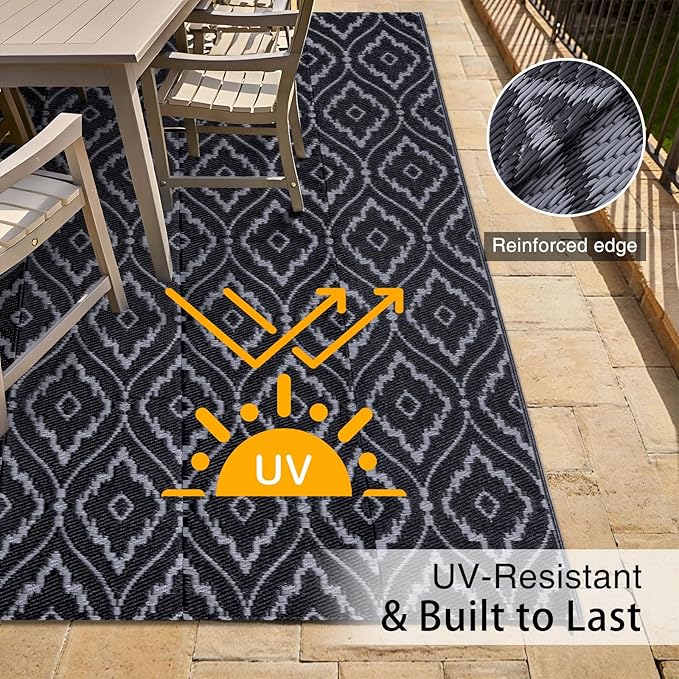 OLANLY Outdoor Rug 5x8 ft Waterproof, Outdoor Plastic Straw Rug with Geometric Pattern Clearance, Reversible RV Mat for Patio, Camping, Balcony, Deck, Backyard, Black & Grey-Ruum Studio Home