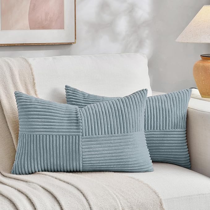 Fancy Homi Set of 2 Light Blue Long Lumbar Decorative Throw Pillow Covers 12x24 Inch for Couch Bed Sofa, Rustic Farmhouse Boho Home Decor, Soft Striped Corduroy Rectangle Accent Cushion Case 30x60 cm-Ruum Studio Home