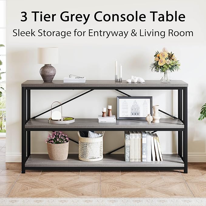 LVB Farmhouse Industrial Console Table, Wood Metal Foyer Entryway Sofa Tables with Storage, 3 Tier Long Rustic Entry Table TV Stand with Shelves for Home Living Room Hallway, Light Grey Oak, 55 Inch-Ruum Studio Home
