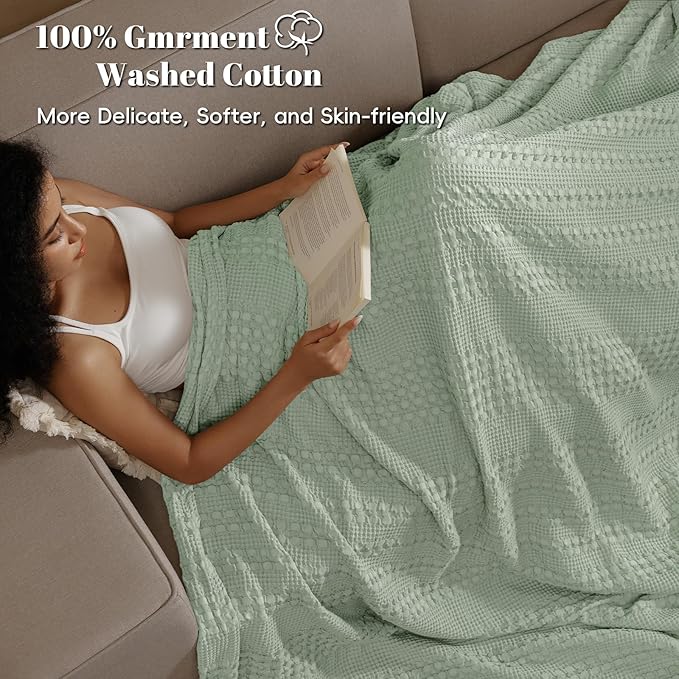 PHF 100% Cotton Waffle Weave Blanket Twin Size, Soft Lightweight Breathable Cozy Summer Blankets for Bed, Luxury Aesthetic Woven Bedding for Home Decor, 66"x90", Sage Green-Ruum Studio Home