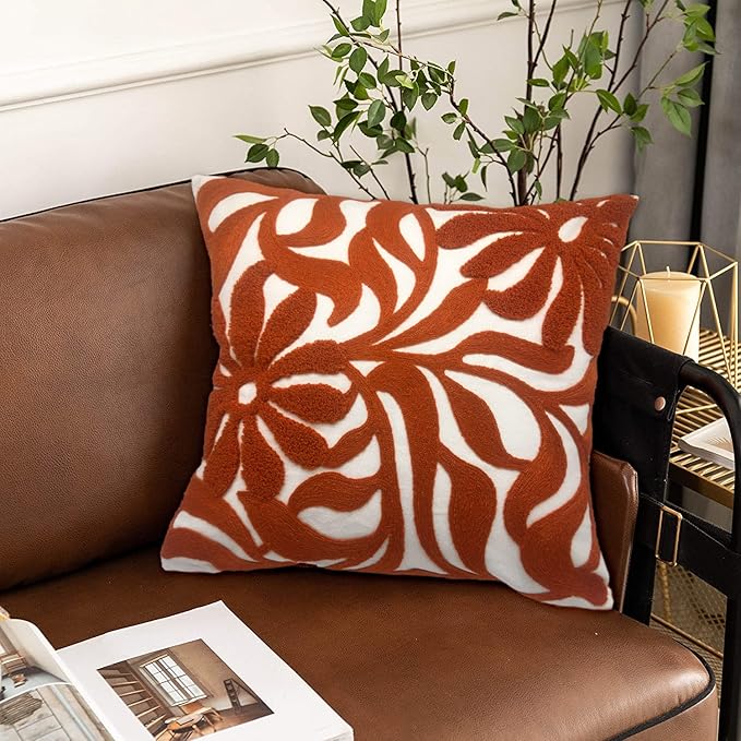 Alysheer Farmhouse Floral Leaves Embroidered Decorative Throw Pillow Cover 18x18 inches, Boho Tufted Flowers Embroidery Pattern Chic Cotton Cushion Case for Couch Bed Sofa Living Room(Burnt Orange)-Ruum Studio Home