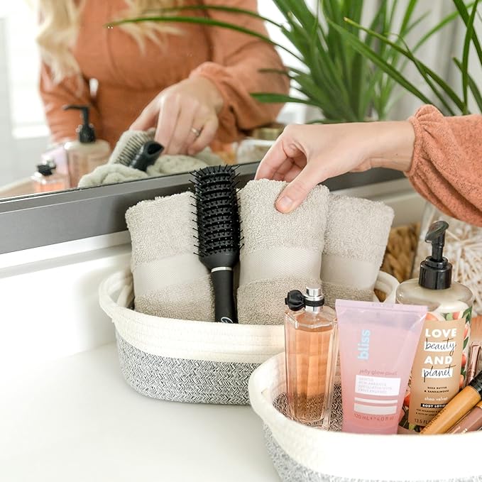NaturalCozy 5-Piece Rectangle Storage Basket Set- Natural Cotton Rope Woven Baskets for Organizing! Small Basket for Montessori, Baby Nursery, Dog Toy Baskets, Cat Toy Box, Bathroom Organization Bin-Ruum Studio Home