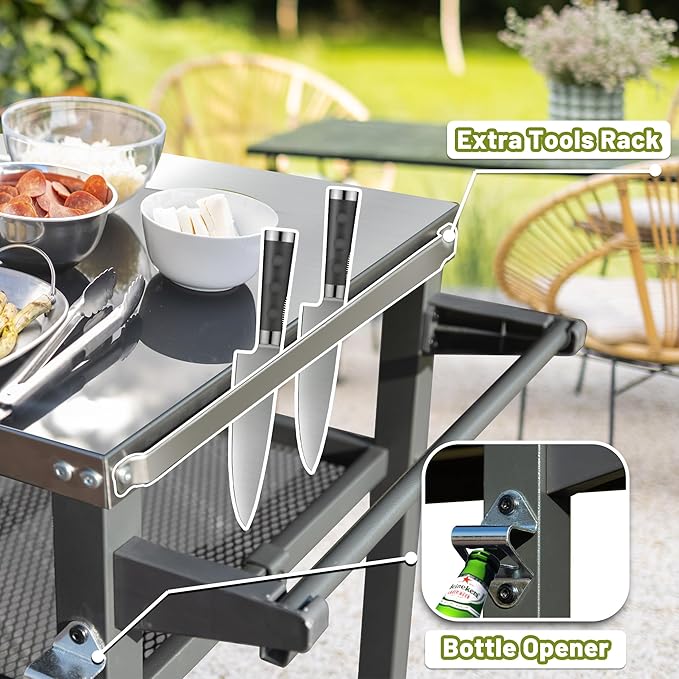 Domi 3-Shelf Outdoor Grill Table, Grill Cart with Wheels, Outdoor Pizza Oven and Food Prep Table, Blackstone with Stainless Steel Tabletop, BBQ Stand for Blackstone Griddle for Outside BBQ-Ruum Studio Home